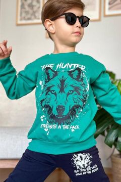 Erkek Çocuk The Hunter Yazı ve Kurt Detaylı Yeşil Eşofman Takım
