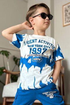 Erkek Çocuk New York City ve Yazı Baskılı T-Shirt Mavi Eşofman Takım
