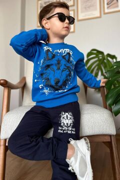 Erkek Çocuk The Hunter Yazı ve Kurt Detaylı Mavi Eşofman Takım