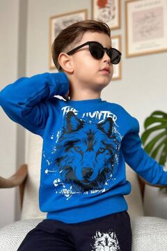 Erkek Çocuk The Hunter Yazı ve Kurt Detaylı Mavi Eşofman Takım
