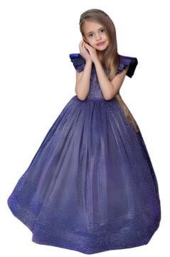 Kız Çocuk Omuzları Fırfır Detaylı Üzeri Simli Pırıltılı Gece Mavisi Abiye