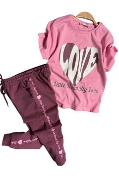 Kız Çocuk Love Kalp Baskılı T-Shirt Şerit Yazı Detaylı Pembe Eşofman Takım