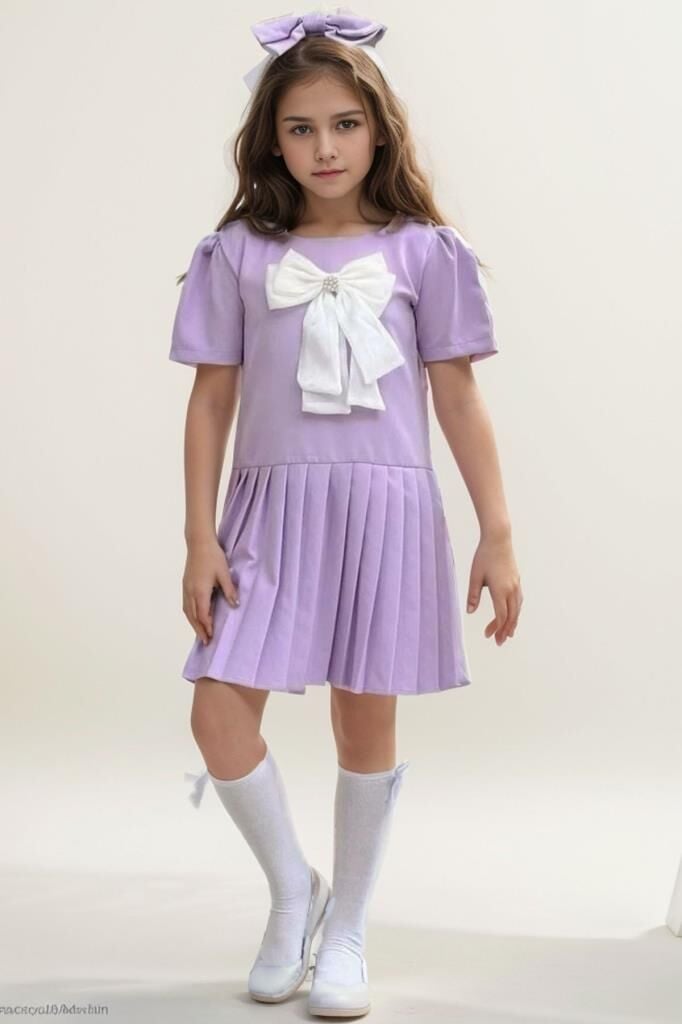 Kız Çocuk Göğsü Fiyonk Detaylı Eteği Pliseli Lila Elbise