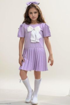 Kız Çocuk Göğsü Fiyonk Detaylı Eteği Pliseli Lila Elbise