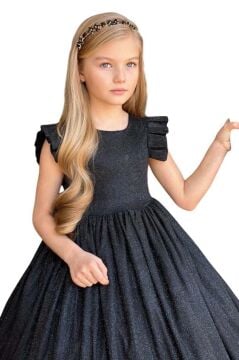 Kız Çocuk Omuzları Fırfır Detaylı Üzeri Simli Pırıltılı Siyah Abiye