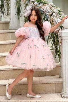 Kız Çocuk Düşük Omuzlu Balon Kollu Göğsü Pulpayet İşlemeli Üzeri Yusufçuk Detaylı Pembe Abiye