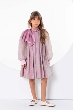 Kız Çocuk Omzu Kurdele Detaylı Yakası Fırfırlı Şerit Pullu Pileli Gül Kurusu Elbise