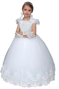 Kız Çocuk Omuzlar Püsküllü Gövdesi İnci Boncuk İşlemeli Etek Ucu Dantel İşlemeli Tüllü Beyaz Abiye