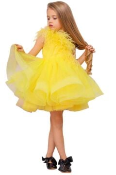 Kız Çocuk Omuzdan Göğse Tüylü Tek Omuz Eteği Kabarık Tüllü Sarı Abiye