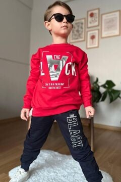 Erkek Çocuk The Black Yazı ve Figür Detaylı Kırmızı Eşofman Takım