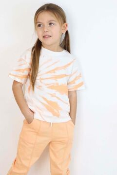 Kız Çocuk Bisiklet Yaka Boya Desenli T-Shirt Cımalı Somon Eşofman Takım