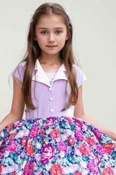 Kız Çocuk Gömlek Yaka Çiçek Baskılı Lila Elbise