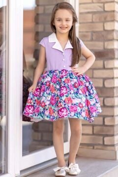 Kız Çocuk Gömlek Yaka Çiçek Baskılı Lila Elbise