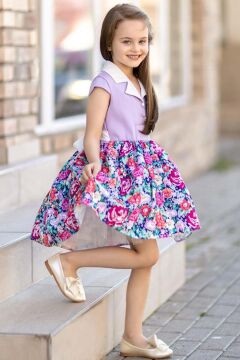 Kız Çocuk Gömlek Yaka Çiçek Baskılı Lila Elbise