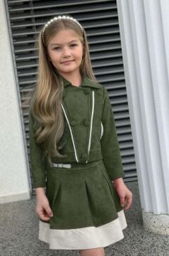 Kız Çocuk Asimetrik Kesim Gömlek Yaka Ceket Eteği Şerit Detaylı Pliseli Süet Haki Etekli Takım