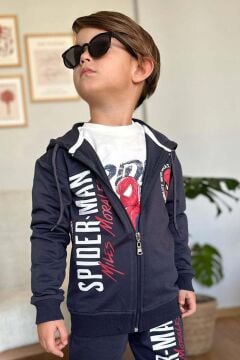 Erkek Çocuk Örümcek Adam Baskılı ve Yazı Detaylı Kapüşonlu Siyah Ceket Eşofman Takım