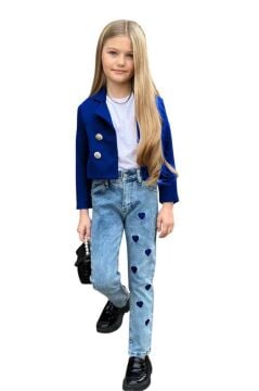 Kız Çocuk Gümüş Düğme Detaylı Lacivert Blazer Ceket Kalp Detaylı Jean Pantolon Alt Üst Takım