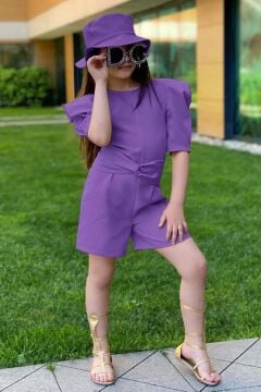 Kız Çocuk Bisiklet Yaka Yarım Kol Bel Bağlama Detaylı Mor Şortlu Tulum