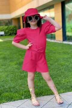 Kız Çocuk Bisiklet Yaka Yarım Kol Bel Bağlama Detaylı Fuşya Şortlu Tulum
