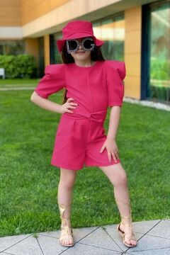 Kız Çocuk Bisiklet Yaka Yarım Kol Bel Bağlama Detaylı Fuşya Şortlu Tulum