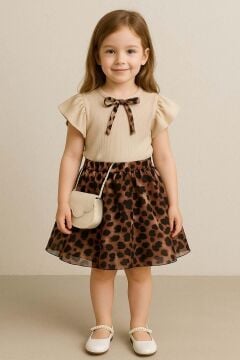 Kız Çocuk Bisiklet Yaka Kurdele Detaylı Bluz Beli Lastikli Leopar Desenli Etekli Takım