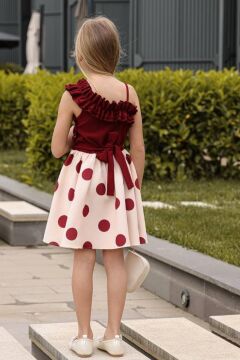 Kız Çocuk Tek Omuz ve Göğsü Fırfır Detaylı Eteği Pauntiyeli Bordo Elbise