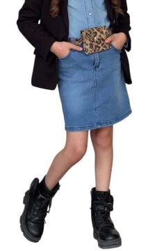 Kız Çocuk Leopar Desenli Fiyonk Detaylı Kot Gömlek Siyah Blazer Ceket Etekli Takım