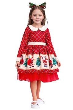 Kız Çocuk Ekose Detaylı Noel Baba Baskılı Bebe Yaka Noel Kırmızı Elbise