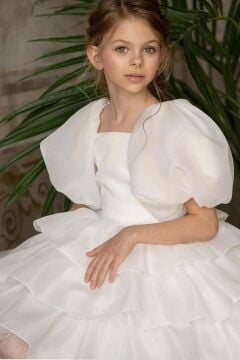 Kız Çocuk Balon Kollu Eteği KatKat Fırfırlı İçi Astarlı Beyaz Abiye