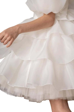 Kız Çocuk Balon Kollu Eteği KatKat Fırfırlı İçi Astarlı Beyaz Abiye