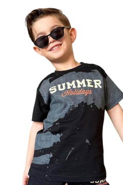 Erkek Çocuk Summer Yazı Baskılı  Cep ve İp Detaylı Siyah Şortlu Takım