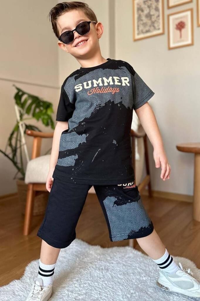 Erkek Çocuk Summer Yazı Baskılı Cep ve İp Detaylı Siyah Şortlu Takım