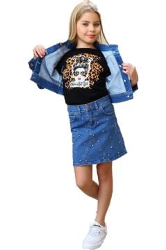 Kız Çocuk Omuzu Yırtmaç Detaylı Taş İşlemeli Jean Mavi Etekli Takım