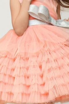 Kız Çocuk Simli Fiyonk Detaylı Kat Kat Tüllü Somon Abiye