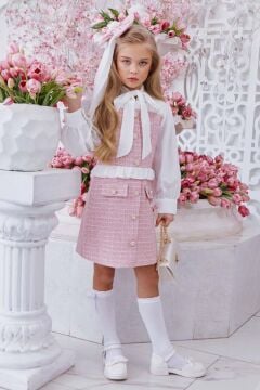 Kız Çocuk Yakası Bağlama Detaylı Kolları Şifon Beli Fırfırlı Üzeri Şanel Kumaş Pembe Elbise