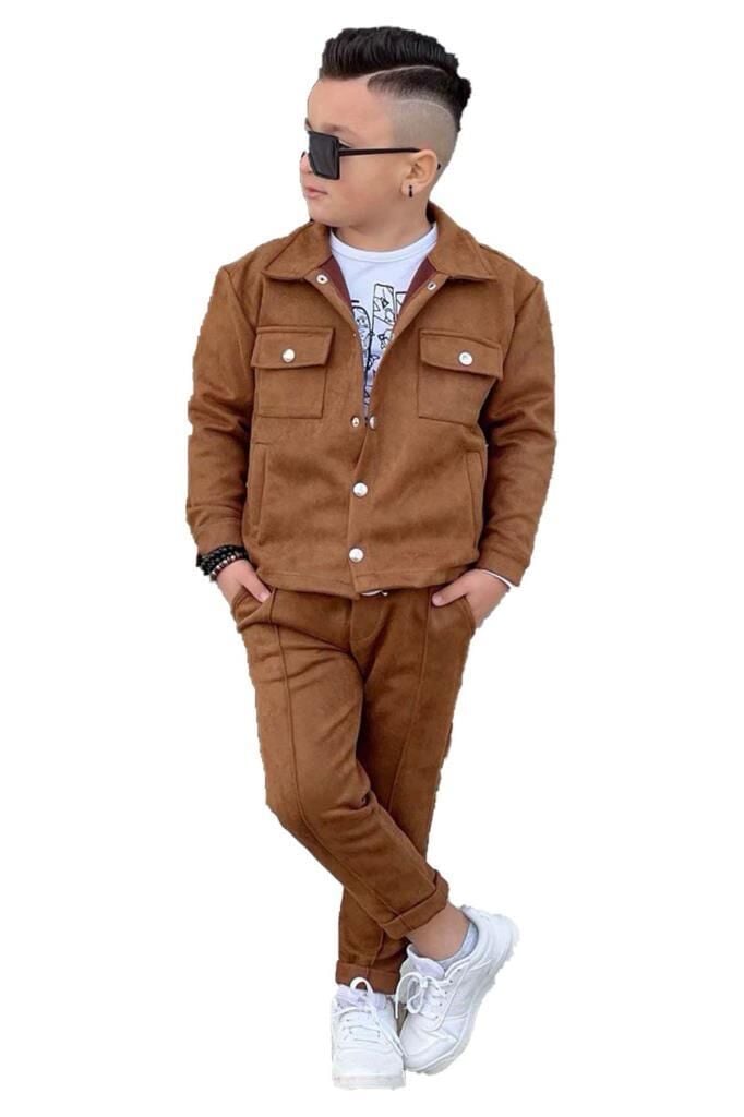 Erkek Çocuk Çıtçıtlı Süet Ceket ve Cımalı Kahverengi Eşofman Takım