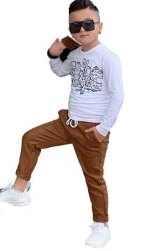Erkek Çocuk Çıtçıtlı Süet Ceket ve Cımalı Kahverengi Eşofman Takım