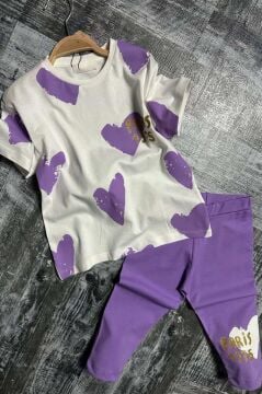 Kız Çocuk Üzeri Kalp Desen ve Paris Yazı Baskılı Kapri Lila Taytlı Takım
