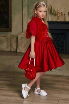 Kız Çocuk Göğsü İnci Taş İşlemeli Tek Omuz Şeffaf Askılı Eteği Kabarık Kırmızı Abiye