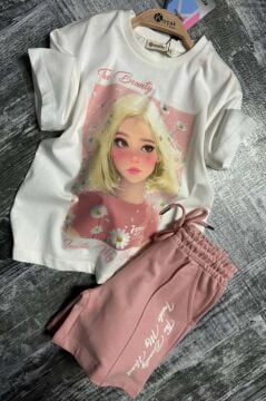 Kız Çocuk Papatya Ve The Beauty Yazı Baskılı Penye T-Shirt Pudra Şortlu Takım