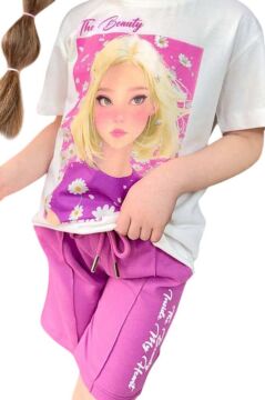 Kız Çocuk Papatya Ve The Beauty Yazı Baskılı Penye T-Shirt Mor Şortlu Takım