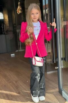 Kız Çocuk Baskılı T-shirt Bol Kesim Yıldız Detaylı Jean Pantolon Fuşya Blazer Ceket Alt Üst Takım