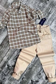 Erkek Çocuk Likralı Gabardin Çizgili Dokuma Kahverengi Gömlek Alt Üst Takım