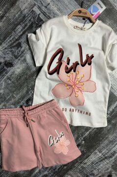Kız Çocuk Çiçek Ve Girl Yazı Baskılı Penye T-Shirt Pudra Şortlu Takım