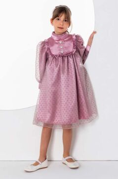 Kız Çocuk Üzeri Benekli ve Pullu İçi Astarlı Yakası Fırfırlı Gül Kurusu Elbise