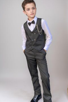 Erkek Çocuk Cepken Yelekli Şal Yaka Siyah Takım Elbise 10-16 Yaş