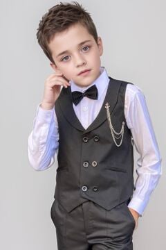 Erkek Çocuk Cepken Yelekli Şal Yaka Siyah Takım Elbise 10-16 Yaş