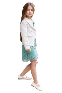 Kız Çocuk Sahte Cepli Blazer Ceket Dantelli Çiçek Işlemeli Bebe Yakalı Yeşil Elbise