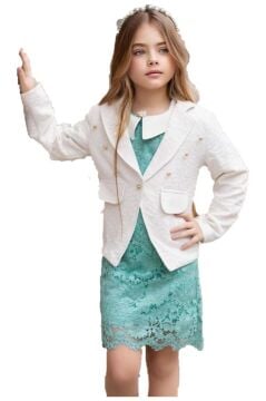 Kız Çocuk Sahte Cepli Blazer Ceket Dantelli Çiçek Işlemeli Bebe Yakalı Yeşil Elbise