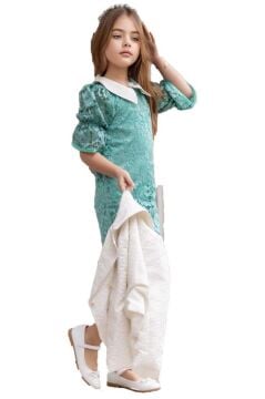 Kız Çocuk Sahte Cepli Blazer Ceket Dantelli Çiçek Işlemeli Bebe Yakalı Yeşil Elbise